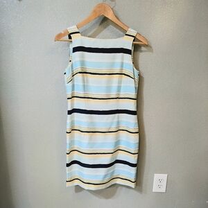 Kay Unger Striped Sheath Dress | Pastel Blue Yellow | Classic Tailored Chic